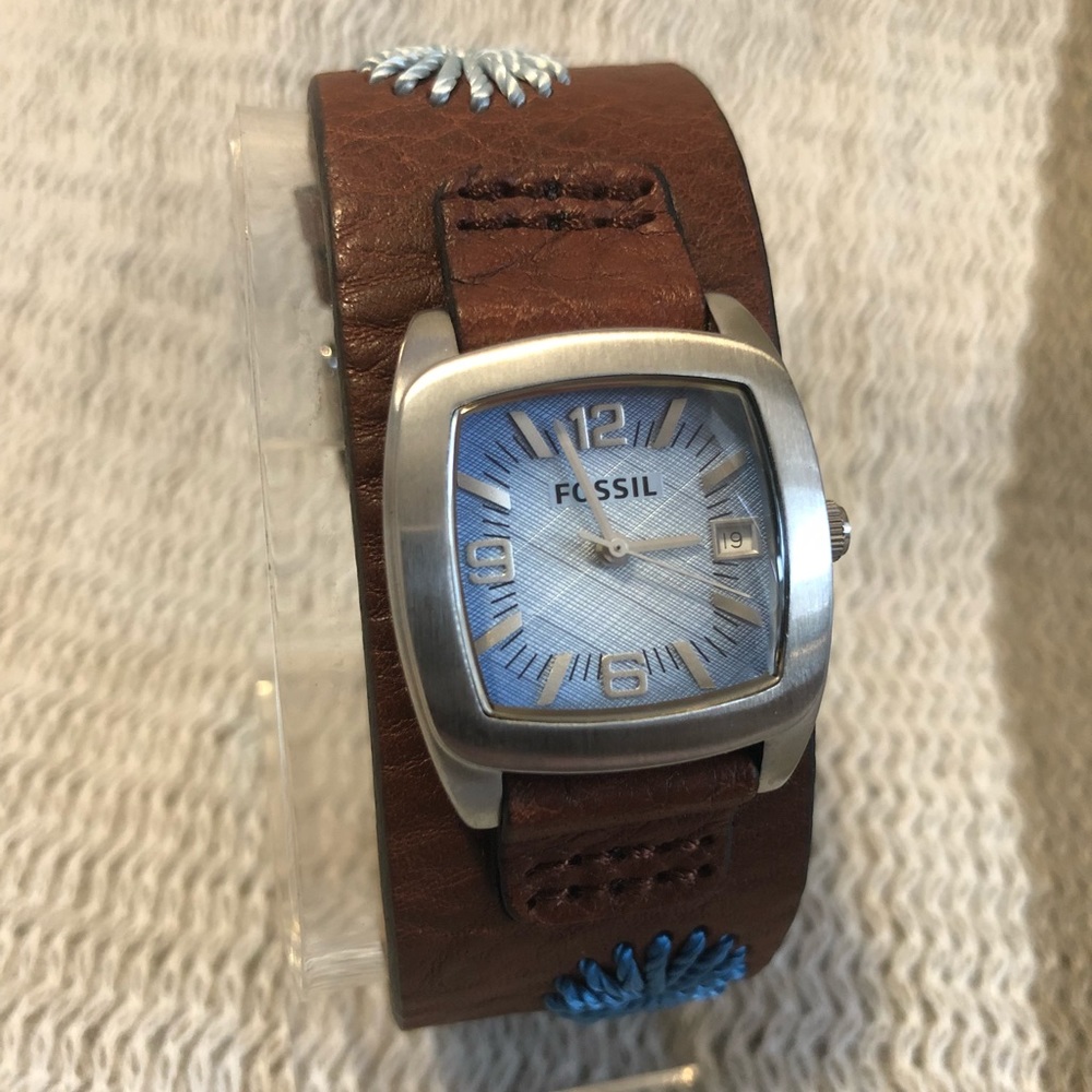 Fossil Watch with Floral-Stitched Leather Band